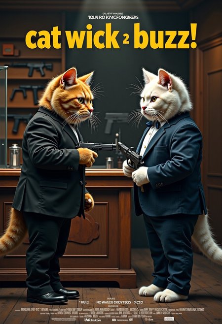 a realistic picture, a parody of jhon wick movies , ((cute muscular orange cat wearing black suit, the orange cat want to buy gun from white cat, orange cat buying gun for the mission, the gun seller are white white cat wearing dark blue suit,)) the white cat are gun seller, the white cat standing behind a glass counter full of pistol in display, , behind him are a rack display of  many assault rifles and shotguns, dim light,  the backdrop of the castle  ,(intricate details,naturalism,hyperdetailed,hyperrealistic:1.55) mvpstrCE style ((((Display the text "cat-wick 2 buzz!" on a movie poster)))). no human