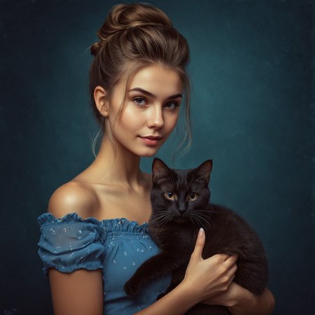 by Natalia Rak, by Charlie Bowater, by Mark Lovett, cute 18 year old woman and her cat, hyperdetailed photography, cinematic photo <lora:juggernaut_cinematic:1.00>, messy_updo, by Guweiz