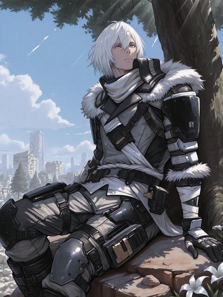 masterpiece, best quality, outdoor, city ruins, tree, flower, cloud, blue sky, sunbeam, day, shiny skin, shadow, solo, male focus, manly, dynamic pose, sitting, under tree, rock, relaxing, NierBrother , 1boy, 1boy, grey eyes, white hair, upper body, male focus, hair between eyes, armor, short hair, male character, white hair, layered clothing, jacket, pants, boots, gloves, scarf, belt, sash, pouches, fur trim, straps, buckles, armor details, tactical gear, asymmetrical garment, high collar, arm wraps, detailed clothing,NieRart
