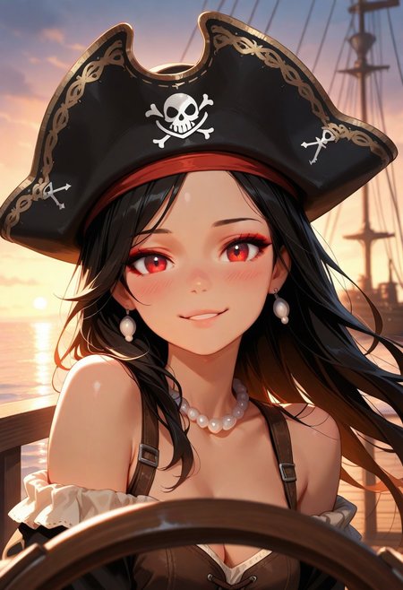 masterpiece, best quality, amazing quality, volumetric lighting, high contrast, realistic, vibrant colour, (no lineart:1.5), BREAK, 1girl, 25 years old, cute, petite, 
three quarter view, detailed face, portrait, face focus, depth of field, looking at viewer, blush, shy smile,
red eyes, big eyes, looking at viewer, 
black hair, long hair, floating hair, eyeshadow, 
jewelry,  pearl necklace, earrings, 
pirate, black pirate hat, 
brown corset, cleavage, bare shoulders,
ocean, ship deck, on ship, watercraft, ship, sunset, mast, steering wheel, 
dark, parted lips