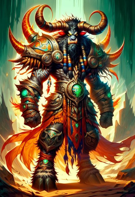score_9, score_8_up, score_7_up, a tauren shaman male, metal armor, Flashfire glowing runes blue and green,