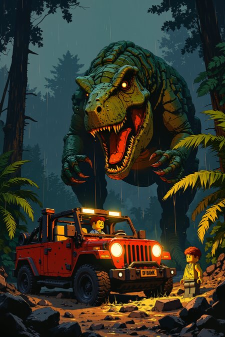 Jurassic Park, but All the Dinosaurs are Made of LEGO â In the rain-soaked jungle of Isla Nublar, a towering, blocky LEGO T-Rex looms over a toppled LEGO Jeep, its tiny plastic jaws wide open in a silent, mechanical roar. The red and yellow bricks of the vehicle are scattered across the muddy, stud-covered ground, while a LEGO minifigure version of Dr. Ian Malcolm lies nearby, his face frozen in a smug yet terrified smirk. Water dropletsâperfectly round, clear plastic piecesâcling to the leaves of oversized LEGO ferns, and a dark storm rages in the distance, built entirely from stacked, swirling gray bricks. The eerie glow of the Jeepâs flickering LEGO headlight casts long, exaggerated shadows across the scene, illuminating the T-Rexâs tiny, clawed hands and the iconic "Jurassic Park" logo, printed onto a single, slightly scratched LEGO tile. Thunder rumbles, but it sounds suspiciously like someone shaking a box of loose bricks. , detailed background  Fantastic lighting. Detailed shadows.intricate details, vivid colors, hyper-detailed, ultra-sharp, , ,in the style of cksc,anime, cyberpunk, DB4RZ, DB4RZ style painting <lora:CPA:0.5><lora:FLUX-daubrez-DB4RZ:0.3><lora:Luminous_Shadowscape-000016:0.3><lora:ck-shadow-circuit-000021:0.35>