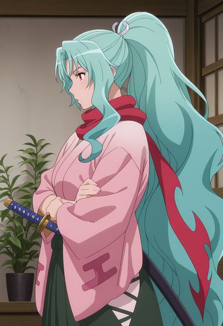 Smooth Quality,masterpiece, ultra realistic,
power plant,
from side,:>=,hand on own arm,
 <lora:Tomoecnn:0.8> sofia/cnn, 1girl, long hair, scarf, ponytail, red eyes, japanese clothes, katana, green hair, very long hair,