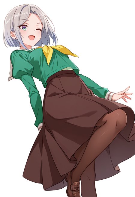 masterpiece,high quality details,absurdres, 
 <lora:Nishidera_Nene:0.8>
nene_cnr, 1girl, grey hair, short hair, 
nene_s2,green shirt, white sailor collar, serafuku,long skirt,black-brown skirt, juliet sleeves,pantyhose, loafers,, simple background, white background, from below,solo,, ;d,
