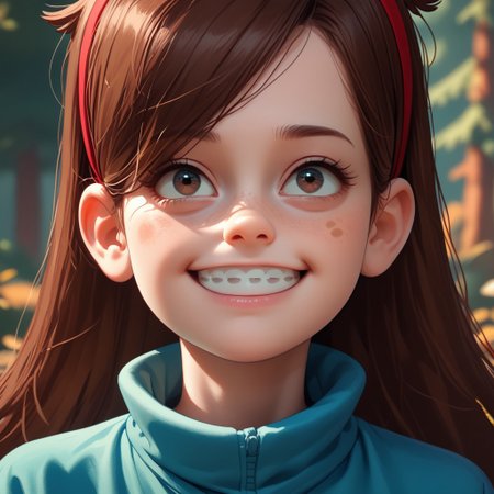 score_9, score_8_up, score_7_up, score_6_up, score_5_up, score_4_up, Mabel, portrait, in the woods, red headband , happy