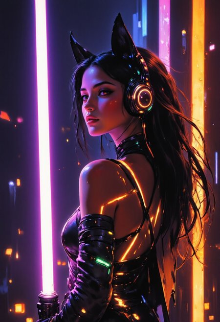 painted world, Comic art style, full body artwork of a Female augmented human with loose black and orange hair, punk clothes, holding a purple lightsaber, glowing-neon-trim, cyberpunk, portrait, glowing slit-pupil eyes, razr kitty style mechanical cat-ear headphones, cybernetic limbs, cyberpunk neon city background, rain, detail, Frank Frazetta fantasy oil painting