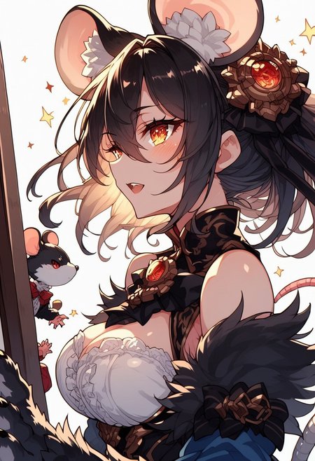 source_anime, detailed eyes, dynamic angle, dynamic pose, random emotion,
expressiveh,
detail backround, 
BREAK 
sharp style, dim lighting, dynamic angle, sunset_light,
random pose, random emotion, side view, side angle, mirror, upper body,
 BREAK
(Masterpiece), (expressive eyes), 1girl, eyes wide open,
Giant mouse, animal arms, animal legs, thighhigh fur, mouse ears, prehensile tail,
(score_9, score_8_up, score_7_up),
<lora:MGE_V5.0:1.2>
BREAK
detailed eyes,
