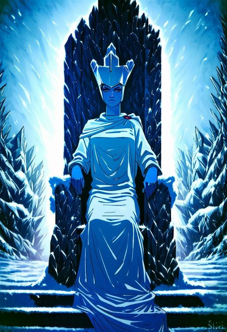 score_9, score_8_up, score_7_up, sn0wqu33n, 1girl, solo, colored skin, blue skin, crown, cape, white dress, throne, sitting, ice, snow, sinozick style, flat color, cowboy shot,
