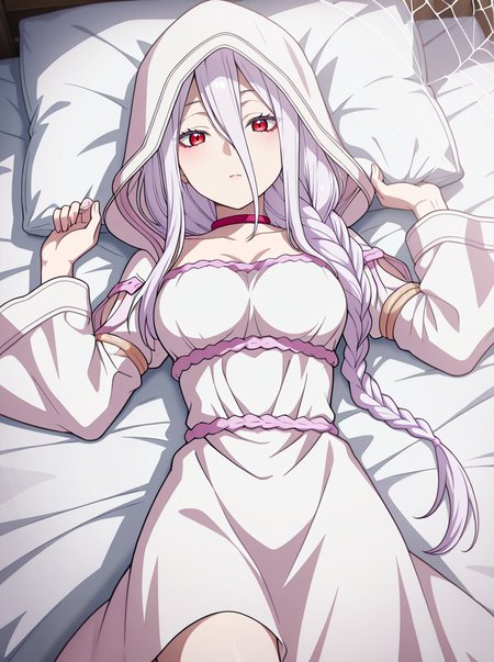 masterpiece, best quality, amazing quality, very aesthetic, absurdres, newest, ,  anime screenshot,   <lora:ShiraoriKumo:1>shiraoriillust, 1girl, long hair, solo, braid, choker, breasts, hood, dress, hair between eyes, single braid, red eyes, looking at viewer, white dress lying on bed spider web,