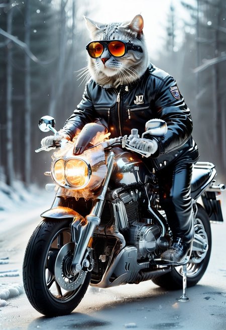((((("COOL" text logo)))) <lora:dvr-ftl:0.8>,
BREAK
1c3_w1n73r, f1r3, magicNpolished, shiny, polished, reflection, glowing, light
Anthro cat made of ice riding motorbike made of fire on winter icy road, snowy trees , wearing sunglasses, jacket, pants