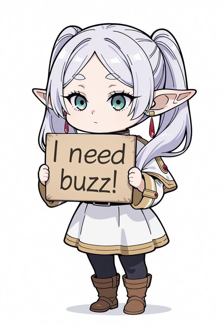 masterpiece, need_buzz, holding sign, sousou no frieren, frieren,chibi,chibi style, 
1girl, solo, white background, shirt, skirt, long sleeves, jewelry, pantyhose, pointy ears, parted bangs, green eyes, white hair, twintails, boots, full body, white skirt, earrings, striped shirt, sash, black pantyhose, capelet, white capelet, elf