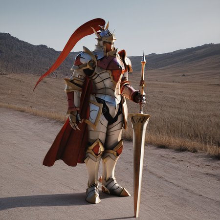 sfw, masterpiece, best quality,absurderes,photo,realistic,cinematic,source_photo,DLSR,full body,1boy,dukemon,holding lance,standing,outdoors, <lora:Reallustrious_Beta:1>