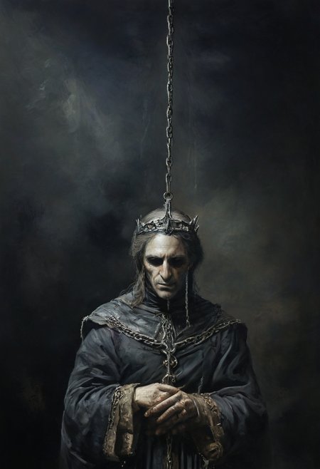 king chained to medium-sized throne sitting in a great hall BREAK Sword of Damocles hanging over the king's head BREAK imminent death, hanging by a thread, danger, brilliant color, unfocused dark smoky background, sheen, Michael Whelan style, chiaroscuro , <lora:add-detail-xl:1>,  <lora:xl_more_art-full_v1:1>,  <lora:NicolaSamori:1> in the style of Nicola Samori