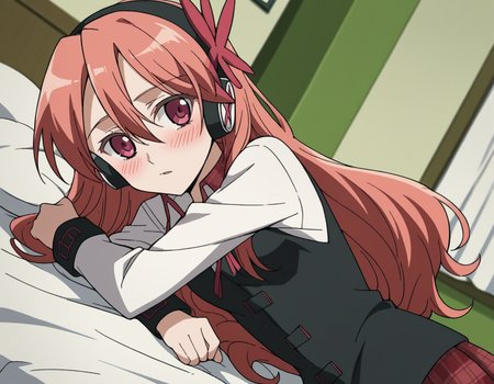 score_9, score_8_up, score_7_up, source_anime,
agkchelsea, <lora:agk-chelsea-s1-ponyxl-lora-nochekaiser:1>,
chelsea, pink eyes, hair between eyes, long hair, pink hair, straight hair,
collared shirt, diagonal stripes, dress shirt, hair ornament, headphones, long sleeves, neck ribbon, plaid, plaid skirt, pleated skirt, red ribbon, red skirt, ribbon, shirt, skirt, striped, vest, white shirt, wing collar,
indoors, bed, bed room, on side, blush, drunk,
cowboy shot, solo, dutch angle, looking at viewer,