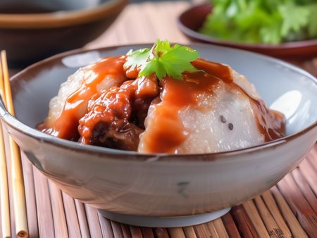 A bowl of translucent Bahuana, a traditional Asian dish, cut open to reveal a rich meat filling, generously topped with thick tomato sauce and viscous gravy. The Bahuana is soft and chewy, with the sauces adding a vibrant color contrast and enhancing the visual appeal. The Bahuana itself is crystal clear, allowing the viewer to peek into its inner filling. The bowl is placed on a rustic wooden table, with chopsticks resting on the side. The scene should be as realistic as a high-resolution photograph, with warm and inviting lighting that highlights the appetizing qualities of the dish and the cozy atmosphere of the setting  ,<lora:bahuana:0.75>,bahuana,