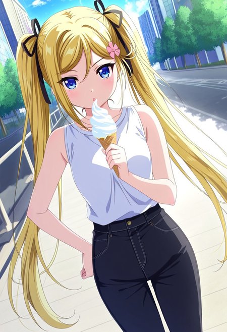 general,highres, ultra-detailed,very aesthetic,best quality ,best hands,best eyes,easynegative,
dynamic angle, dutch angle, anime cloring,anime screencap,
1girl solo,looking at viewer,city,outdoors, holding ice cream,hand on hip, 
Mafuyu Orifushi,yellow_hair, very long twintails, small breasts,blue_eyes, hair ribbon, black ribbon, hair_ornament,black bare shoulders shirt,short black pants,