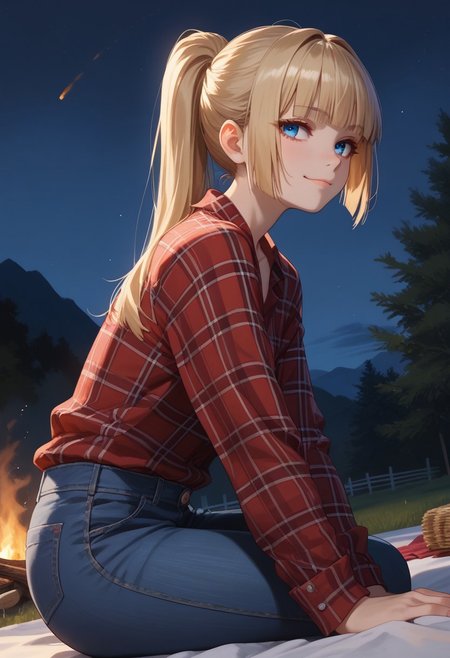 (score_9, score_8_up, score_7_up), 
dutch angle, detailed eyes, eyes focus, fire reflection in eyes, 
1girl, solo, blonde hair, blue eyes, long hair, hime cut, bangs, small breasts, windy hair, ponytail, ass, (sitting, leaning forward,relaxed, night, from side, bonfire:1.3), collarbone, picnic, 
flannel shirt, red flannel, white t-shirt, unbuttoned, jeans, 
BREAK, mountain trail, smug, looking away,