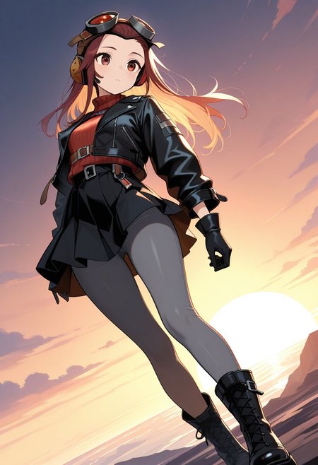 masterpiece, best quality, amazing quality, very aesthetic, high resolution, ultra-detailed, absurdres, newest, colorful, rim light, backlit, highest detailed, very awa, foreshortening, cover, cover page, dutch angle, 1girl, solo, female focus, long maroon hair, brown eyes, black Goggles, Goggles on forehead, black leather jacket, red sweater, black gloves, black skirt, grey leggings and black boots