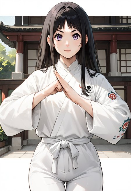 (fist-palm salute:1.5), score_9, score_8_up, score_7_up, source_anime, ultra detailed, 
Generate a picture of a girl making fist-palm salute in a big garden in front of a big traditional Chinese building,  (fist and palm folded in front), front view,  she is wearing a yin_yang_print robe, white pants, barefoot, looking at viewer seriously with light smile.
1girl has [black|brown] long hair with bangs, yellowish white skin, round face with light purple eyes, 
 chitanda /(hyouka/) ,
 <lora:Chitanda_Eru:1>,<lora:fist-palm_salute_Pony:0.8>