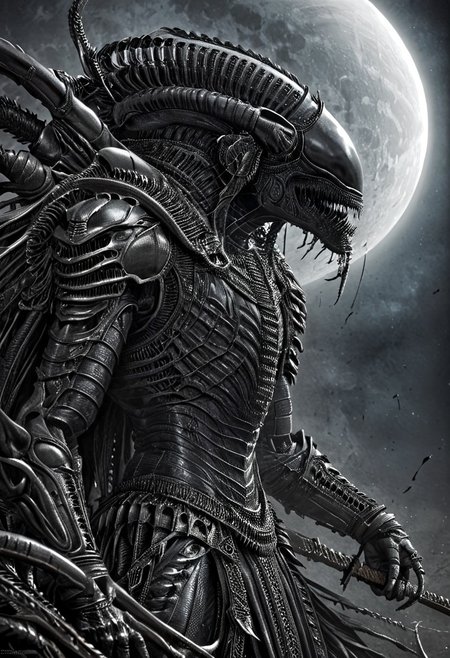 A closeup of fantastical image of a Xenomorph knight, clad in flowing, flowing robes, wielding an ornate, ornate blade. they wield the sword in a fluid, dynamic motion. The moon's reflection highlights their magical power, solo, wide angle, art by hr giger