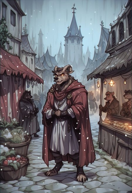 score_9, score_8_up, score_7_up, perfecteyes, anthro bear,  square,  market, glowing,  male 30-40 years old,winter,long coat, brutality, jewellery, snowfall, drifts,fantasy,Vintage,1990s \(style\)