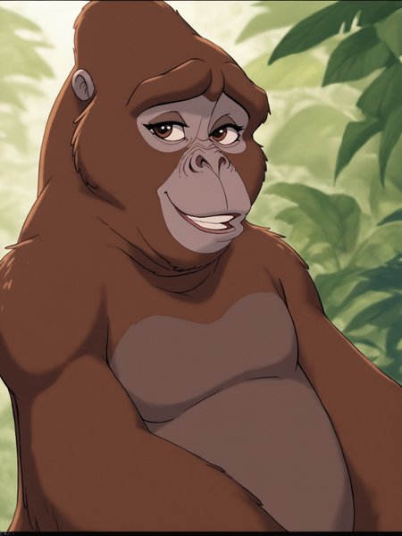 score_9,score_8,source_furry,
<1girl:1.5>,
<solo:1.5>,
kala_tarzan, kala_gorilla, gorilla girl, solo, smile, no humans, teeth, female focus, letterboxed, 1girl, monkey, 1girl, brown fur, furry female,cute, cute eyes,long eyelashes,feminine,sexy,bedroom eyes,
<lora:Kala_Tarzan:1> kala_tarzan