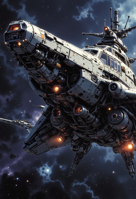 in the style of ck-mgs, a_skynet_cyberdyne_craft, the image is featuring a large military spaceship, adorned with intricate, metallic details, including bolts, wires, and mechanical components, giving it a highly advanced, industrial military look, dark space background, motion blur, nebulae