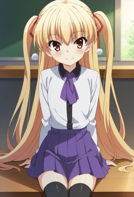 score_9, score_8_up, score_7_up, score_6_up, score_5_up, score_4_up , anime coloring ,BREAK source_anime, anime,
miut, miupurp, hair ribbon, purple school uniform, purple necktie, black thighhighs,  <lora:PonyXL MiuT V3:1>
looking at viewer, smile,