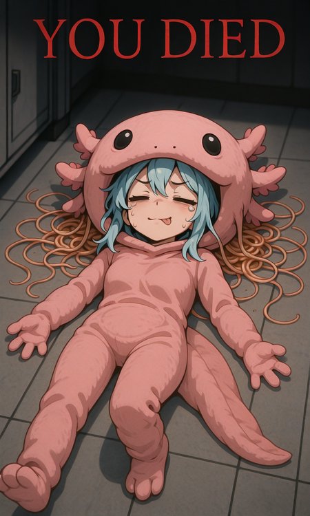 embedding:IllusP0s, you died, defeat, lying, ><, :p, (spaghetti:1.6), from above, messy, axolotl costume, 1girl, jett_\(valorant\)<lora:axolotl costume_illustrious.safetensors:1:1> <lora:you died_illustrious.safetensors:1:1>