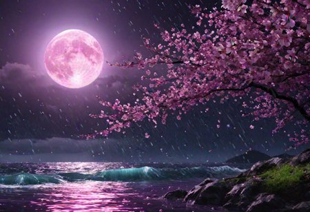 , (ultra detailed), (ultra realistic), RAW photo, photorealistic, 8k, high res, extremely detailed, back ground purple ocean (very detailed) , pink  Cherry blossoms (Extremely detailed),  water fall (Extremely detailed) , rain,  (Extremely detailed) at night, crescent moon,