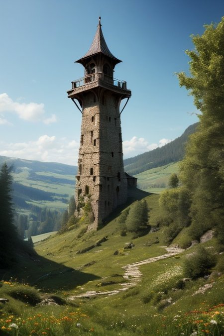 realistic analog photo, award winning photo, vary wide shot of stone witow tower:1.3, no humans, scenery, blue sky, dirt road, lush grassland, Wildflowers, nature, outdoors, RAW, highres, 8k, uhd, High Dynamic Range, tonemapping, crisp details, portcullis,