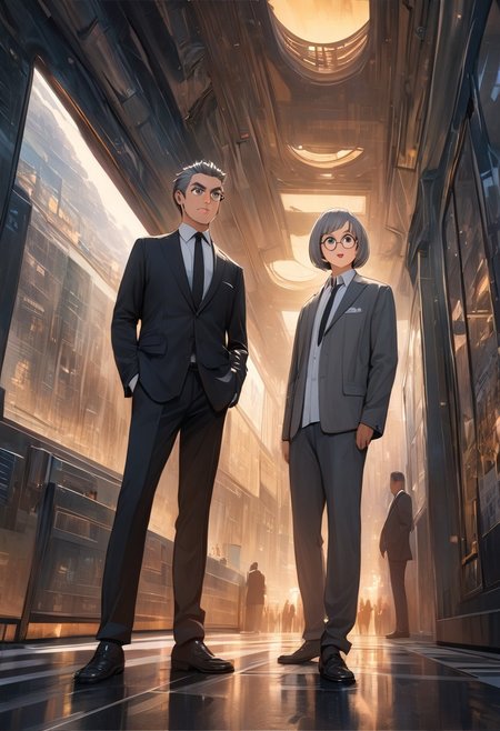 ((man)) with bristle, (graphic novel style, dark novel style:1.5),(anime), (masterpiece:1.4), (soft cinematic light:1.1), incredibly lifelike, Extremely high-resolution details, 8k, best quality,extremely detailed, contrast,
high tech design, fullbody, 
 gallery of contemporary art, inside, portrait old woman against the backdrop of a giant floor-to-ceiling window, through which one can see a city landscape with skyscrapers and a sunset , open mouth, 
man in a classic black suit 
white shirt and black tie keeps his hand on his jacket, black loafers, (((gray ((short)) bob hair))), [Nordic], round glasses, round black eyes, thin lips, bristle sharp chin, diamond long face, gray sideburns, small ears, thick gray eyebrows, sunken cheeks, (bristle)),