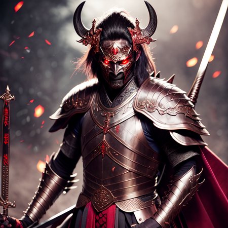photo, a demonic looking man in armor holding a sword (FantasyDaimyo style:1)  <lora:djzFantasyDaimyoV21:0.8>