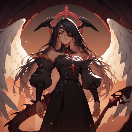 <lora:SlimesAdiane:1>, score_9, score_8_up, score_7_up, long hair, black hair, eyepatch, black angel wings, waist up shot, scorpion tail, dark temple background