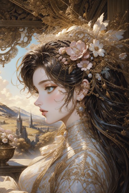 1girl, (portrait art designed by Édouard Manet:1.1) and (Thomas Blackshear:0.9) , epic Concept art, hyper detailed, landscape of a ([Ireland|Rural area]:1.3) in the distance there is a Granada, it is very [Crude:Artistic:19] and Homely, intricate background, Pearlescent mountains and nature, Spring, Illustration, Satisfying, 80s Art, loop lighting, Depth of field 270mm, two colors, Embroidery, ethereal magical atmosphere, adobe lightroom, 64K, fairy tale