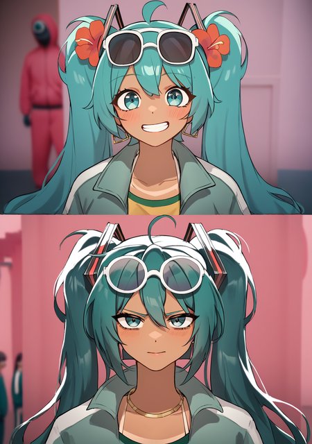 score_9, score_8_up, score_7_up, score_6_up, score_5_up, score_4_up, masterpiece, high quality, BREAK, full body, BREAK,     <lora:Squid_Game_Photo__BeforeAfter_Squid_Game_Pony:0.8> jacket, squidgame_before/afte, squid game photo, before/after, 2 panels, green tracksuit, pink background, traumatized, <lora:Brazilian Miku:0.8> aqua hair, sunglasses on head, flower in hair, yellow shirt, brazil flag on shirt, denim shorts, booty shorts, tanned, 1girl, hatsune miku,