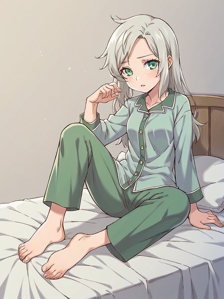 score_9, score_8_up, score_7_up,  
1girl, lucy rf, grey hair, green eyes, small breasts, freckles, long hair, 

pajamas, long sleeves, green pants,
barefoot, sitting, on bed, tired, parted lips, looking at viewer,