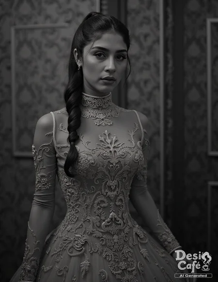 vintage greyscale photo of Adrija Addy Roy woman, hyper realistic photo that is safe for work, angry, studio quality image, well dressed wearing intricate long sleevedhigh necked evening gown, hair styled as high ponytail,muted shaded wallpaper background that contrasts with the person, cinematic lighting,âââââ <lora:Adrija_Addy_Roy_Flux_Kohya_V1:0.8>âââ