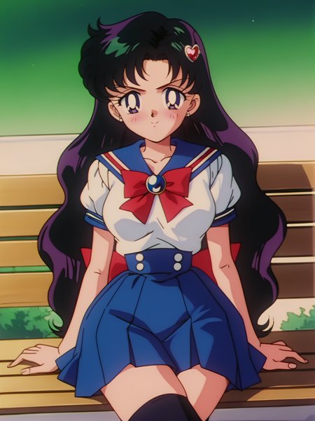 score_9, score_8_up, score_7_up,, screencap, anime coloring, retro artstyle, 
girl sitting in a bench, hands on thighs, long black hair, school uniform, skirt, black thighhighs, cute hair ornament, bright pupils, blush, medium breasts, (narrow waist:1.1), wide hips, thick thighs, looking at viewer, cowboy shot, dynamic pose, wide shot, solo, sexually suggestive, naughty face, blush, dutch angle,, crossed legs, 
 <lora:ASailorTominagaXL_style:1>, SailorMoonXL