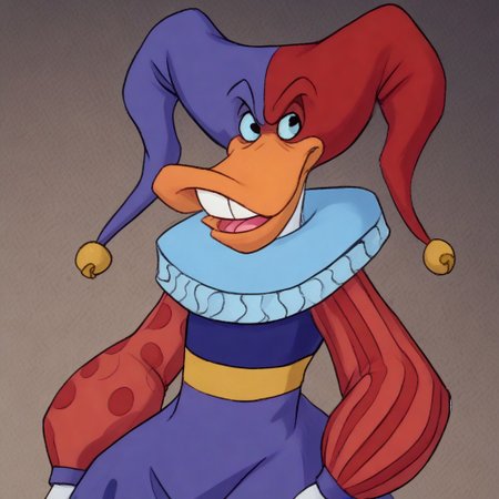 score_9,score_8_up,score_7_up,score_6_up,best quality,masterpiece, background toystore, toy shop,  1boy, solo, BREAK Quackerjack, trunk hose, ruff collar, puffy sleeves, right striped sleeve, left dotted sleeve, looking at viewer, jester cap