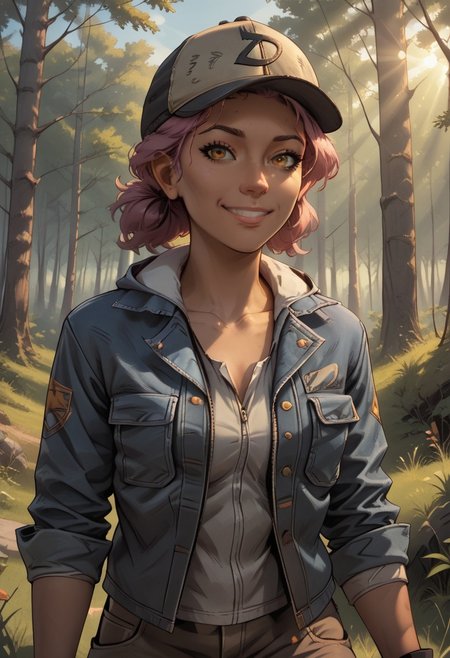 score_9, score_8, BREAK, solo, ,ClemTWD, dark-skinned female, dark skin, dark hair, short orange and pink hair, brown eyes, denim jacket, cargo pants, high boots, cap, sexy pose, self portrait, smile, outdoors, sunlight, shadows, evening lighting, natural lighting, forest, trees, grass, orange sky, sunset