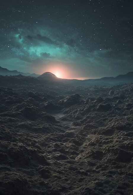 photography,
a enchanted alien landscape with a night sky, glow, (squared forms), horror atmosphere, isolate
