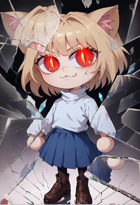 score_9, score_8_up, score_7_up, score_6_up, BREAK  IncrsXLBrknGls,broken glass, reflection, slit pupils,necoarc, chibi, :3,cat ears, blonde hair, red eyes,glowing eyes,black background,turtleneck, blue skirt, pleated skirt, pantyhose, brown footwear <lora:BreakingGlassXLPDCAME:1> <lora:necoarc-guy-PONY-v1:1>