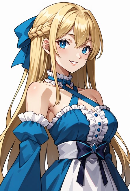 score_9, score_7_up, source_anime, BREAK <lora:zs_SoulHackersPortraitsXL:1> soulhackersportraits, portrait, white background,, <lora:mxmarina:0.8> mxmarina, french braid, half updo, Hair ribbon, frilled choker, criss-cross halter, sleeveless dress, high-waist skirt, backless dress, blue dress, waist blue bow, detached sleeves, frilled sleeves, wide sleeves, blue sleeves, light smile, very long hair,