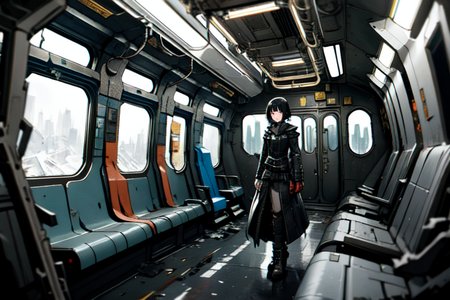 highly insanely detailed, masterpiece, top quality, best quality, highres, 4k, 8k, RAW photo, (very aesthetic, beautiful and aesthetic),  
tsutomu nihei,nihei_tsutomu,blame!,blame gakuen!,abara,TNstyle,sidonia_no_kishi,drainpipe,star \(sky\),starry sky,science fiction,decrepit,empty,blm,no human,vast scenery,perspective,dystopia,destroyed,dark background,cyberpunk,futuristic, 
<lora:ABARA:0.5>, 
(1girl:1.3), 
solo focus, 
Metro,carriage,subway,subway interior,window,âââ
