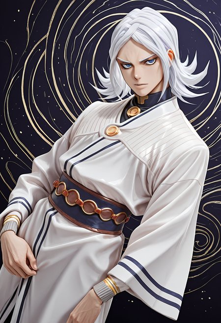 masterpiece, best quality, amazing quality, dynamic angle, dutch angle, abstract background, BREAK
solo, 1boy, jjba_teru, white hair, medium hair, blue eyes, yukata, japanese clothing, BREAK
<lora:cfg_scale_boost:0.6>  <lora:Terunosuke_Enigmas_Boy_Miyamoto_-_Jojos_Bizarre_Adventure_-_ILXL:1>