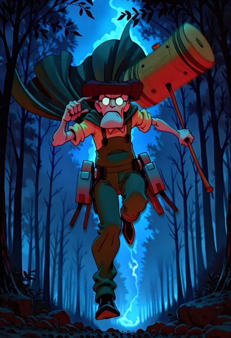 Masterpiece, best quality, absurdres, s0larpunk, 1boy, Eustace, Bagge, Green overalls, yellow shirt, hat, glasses, grumpy expression, solo, airborne, dynamic angle, dynamic pose, action shot, in air, flying, three-dimensional maneuver gear, grappling, forest, holding massive mallet, ((foreshortening)), (fisheye effect) dramatic lighting, dark lighting, contrast lighting, solo, 1girl, (((motion blur, depth of field, steam, blurry background))), holding weapon, night, full body, acrobatic, looking at viewer, outdoors, alleyway, spinning, graceful, green cape, night
