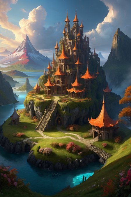 abandoned elf village in forest, magic well ,volcanic archipelagos where efreet build obsidian palaces, the skies choked with fire phoenix flocks, mountainous_horizon,  dawn,weather steamy outdoors cinematic view, epic sky, detailed, concept art, low angle, high detail, warm lighting, volumetric, godrays, vivid, beautiful, trending on artstation, by Julie Bell, huge scene, grass,flower, art greg rutkowski,