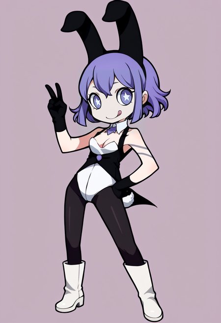 score_9, score_8_up, score_7_up, source_anime, BREAK, solo, 1girl, looking at viewer, smile, tongue out, <lora:PQ-Style-pdxl_Fp:1>, simple background, full body, chibi, <lora:Tico-pdxl_Fp:1>, ticodesu2, purple hair, purple eyes, star-shaped pupils, short hair, playboy bunny, rabbit ears, rabbit tail, black pantyhose, tattoo, detached collar, cleavage, sleeveless, black gloves, white footwear, boots, v, hand on own hip,