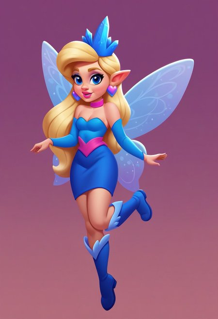 score_9, score_8_up, score_7_up, casual game art style, casual game art, mobile game art, merge 3 game art, character design, casdst, 1girl, blonde hair, solo, blue eyes, pink earrings, jewelry, winter fairy, blue over-the-knee boots, pointy ears, long hair, fairy wings, blue skirt, detached sleeves, blue crystal crown, blue crop top, pink choker, pink lips, standing on one leg, dark blue background, simple background